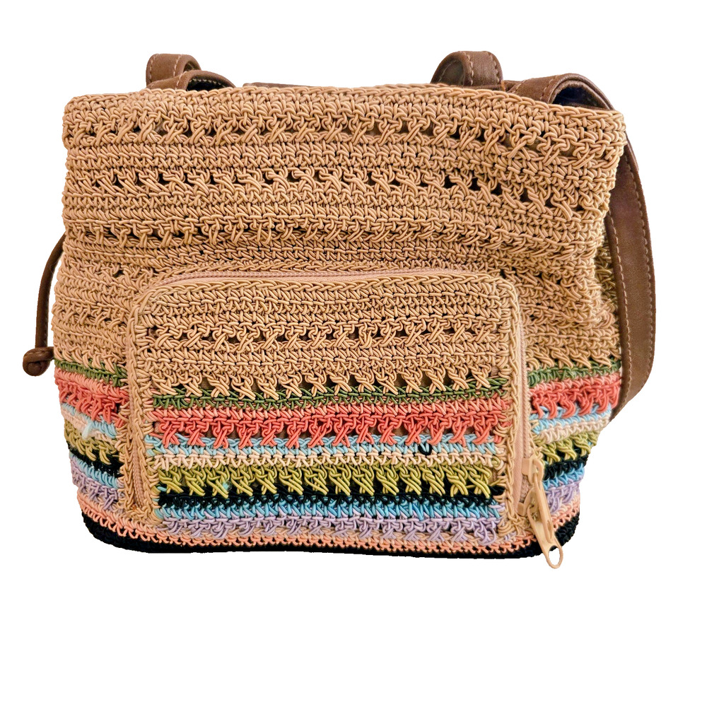 Rosetti Summer Boho Hippie Multicolor Stripes and Tan Raffia Look Handbag Purse